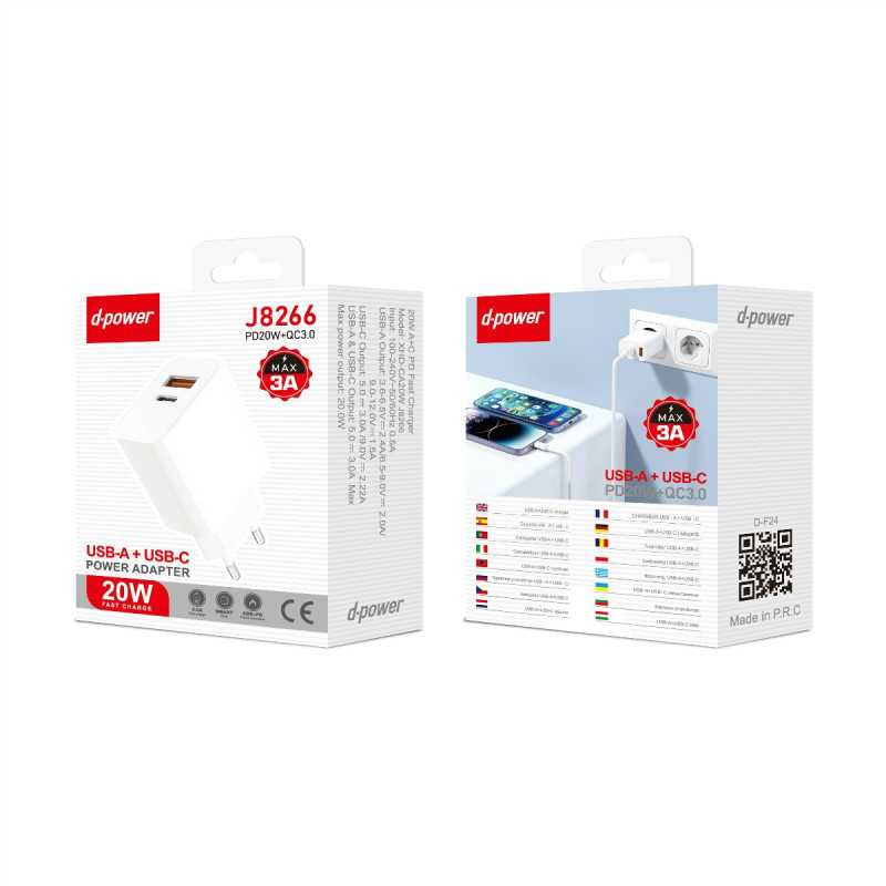 Adaptateur Secteur 20W USB-A + USB-C - D-power J8266 — D-power · Smarty Paris 18e